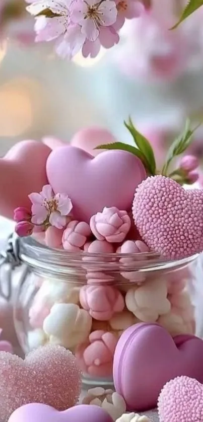 Jar with pink heart-shaped sweets and blossoms.