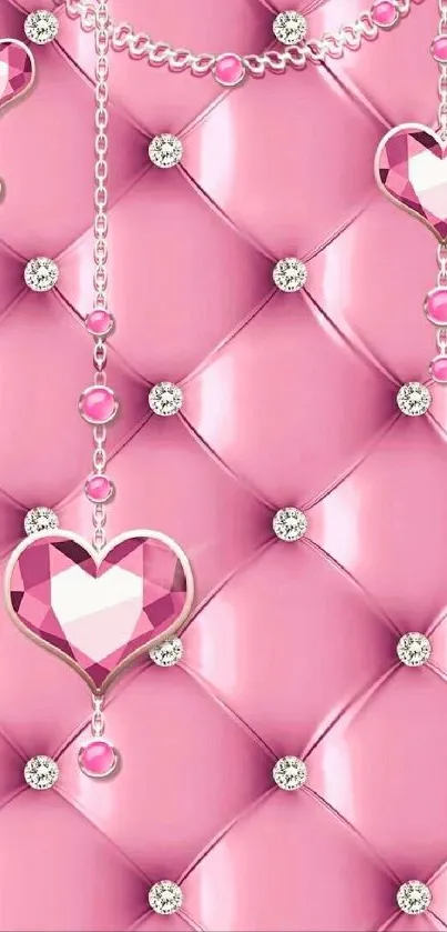 Pink quilted wallpaper with heart jewels.