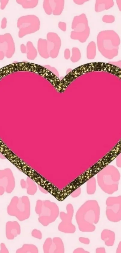 Vibrant pink heart on leopard print background with glitter border.