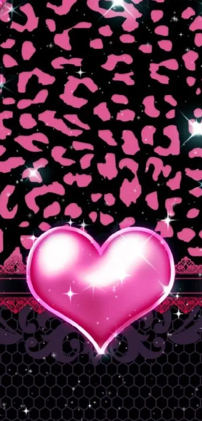 Stylish pink heart on leopard print background.