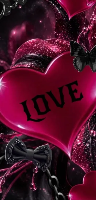 Pink heart wallpaper with love theme and black accents.