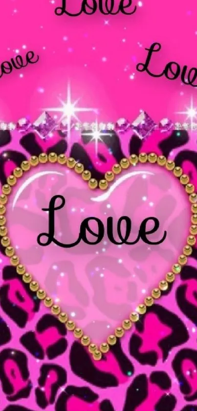 Pink heart wallpaper with leopard print and love text.