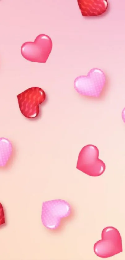 Mobile wallpaper with pink hearts on soft gradient background.