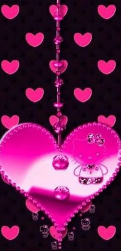 Charming pink heart mobile wallpaper with polka dots on black background.