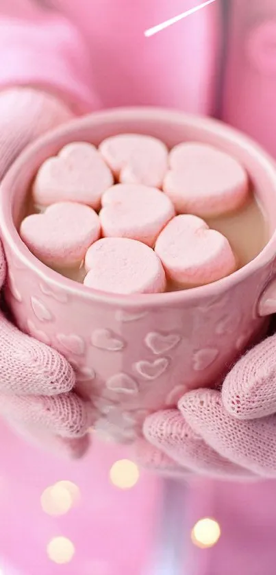 Hands holding a pink mug with heart-shaped marshmallows.