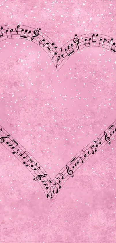 Pink heart wallpaper with musical notes and glitter effect.