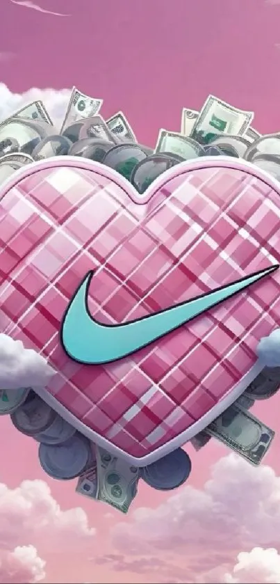 Nike logo on a pink heart with money and clouds in the background.