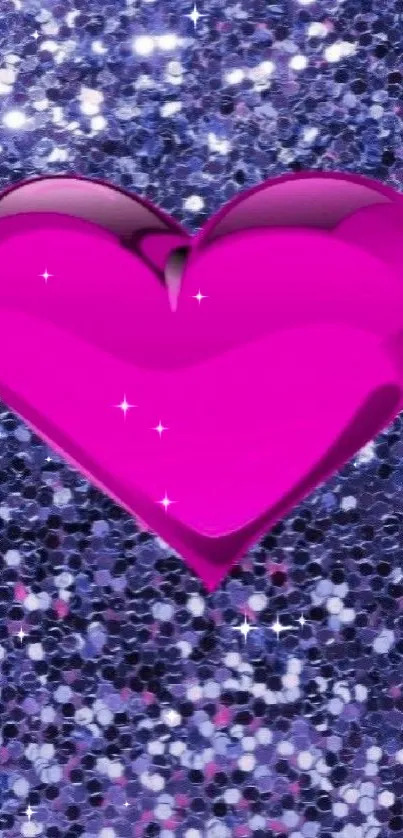 Pink heart on a purple glitter background.