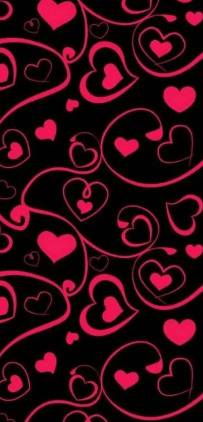 Mobile wallpaper with pink heart patterns on black background.