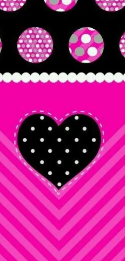 Bold pink wallpaper with heart and dots pattern on mobile.