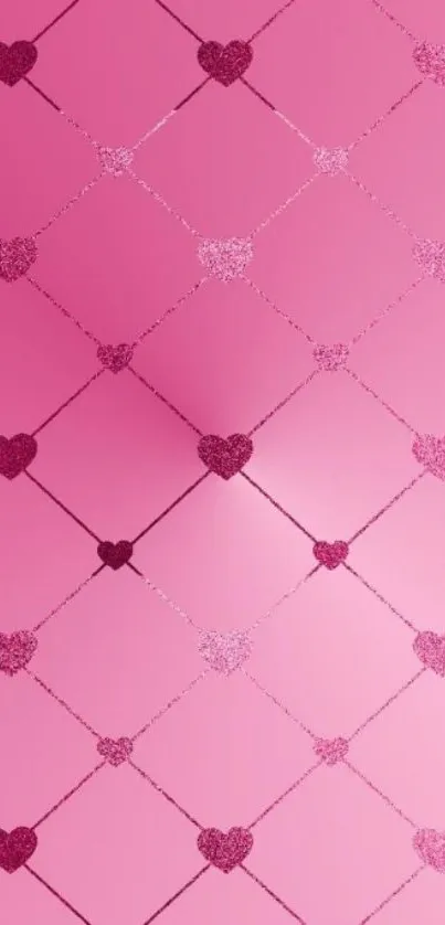 Pink heart patterned wallpaper with a diamond grid and glitter texture.