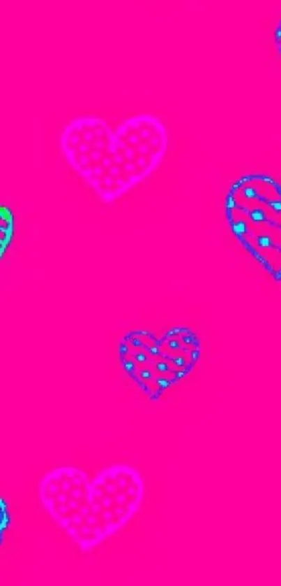 Vibrant pink wallpaper with heart patterns.