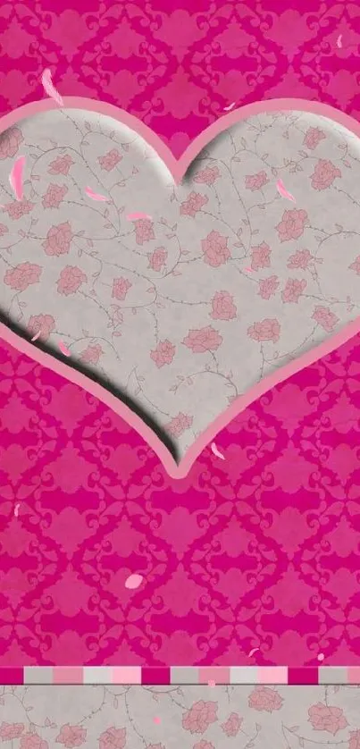 Romantic pink heart wallpaper with floral patterns on a vivid background.