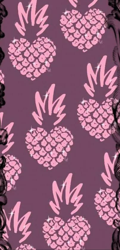 Pink hearts pattern wallpaper with black ornate accents on a deep purple background.