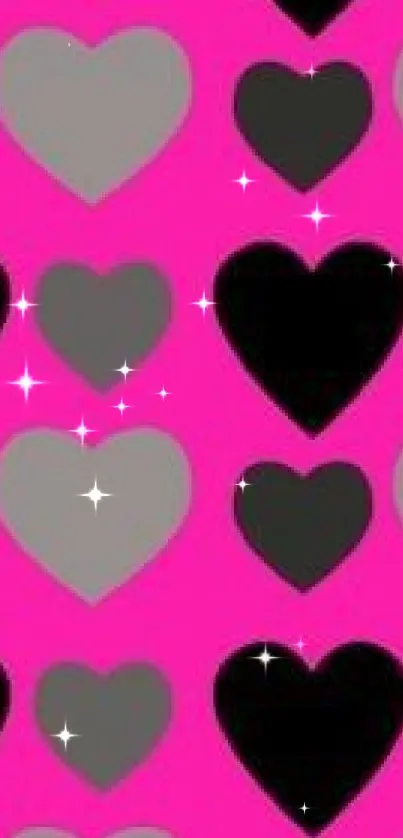 Vibrant pink heart pattern with black and grey hearts.