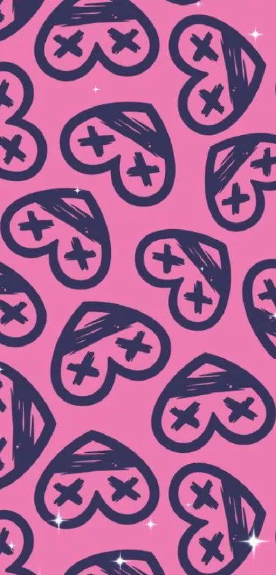 Pink mobile wallpaper with navy doodle hearts.