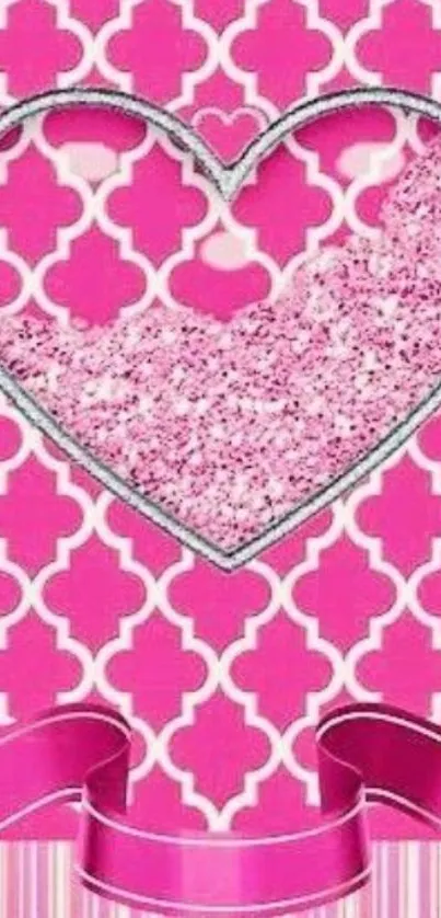 Pink heart-patterned wallpaper with glitter.