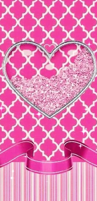 Pink heart pattern wallpaper with silver glitter details and decorative design.