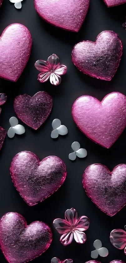 Pink glittery hearts with floral accents on a dark background.