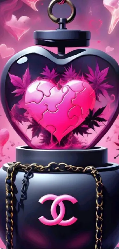 Heart-shaped pink puzzle with floral designs in a stylish setting.