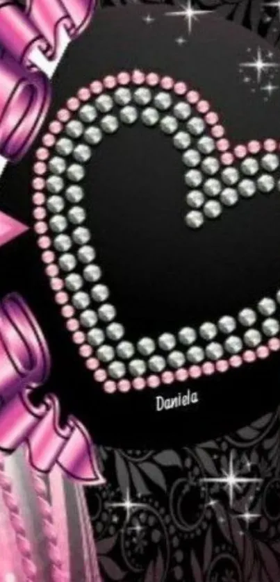 Pink rhinestone heart with stars on black background.