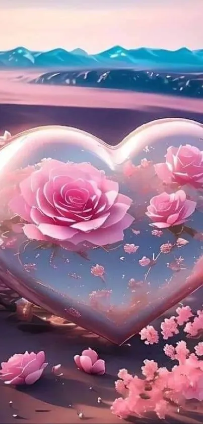 Heart-shaped glass with pink roses and petals in serene landscape.