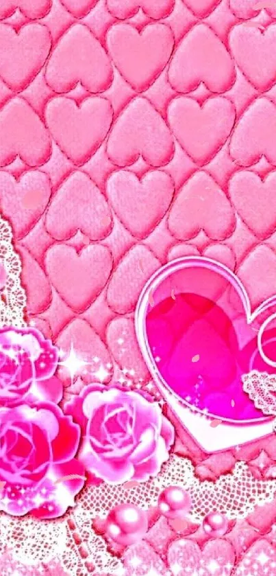 Pink heart wallpaper with roses and lace patterns.