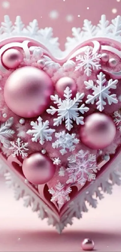 Pink heart with white snowflakes mobile wallpaper.