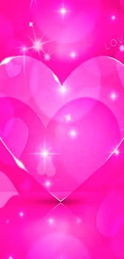 Pink heart with sparkling stars on mobile wallpaper background.