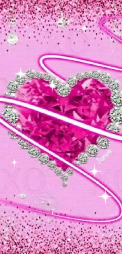 Sparkling pink heart with glitter and silver accents on a mobile wallpaper background.