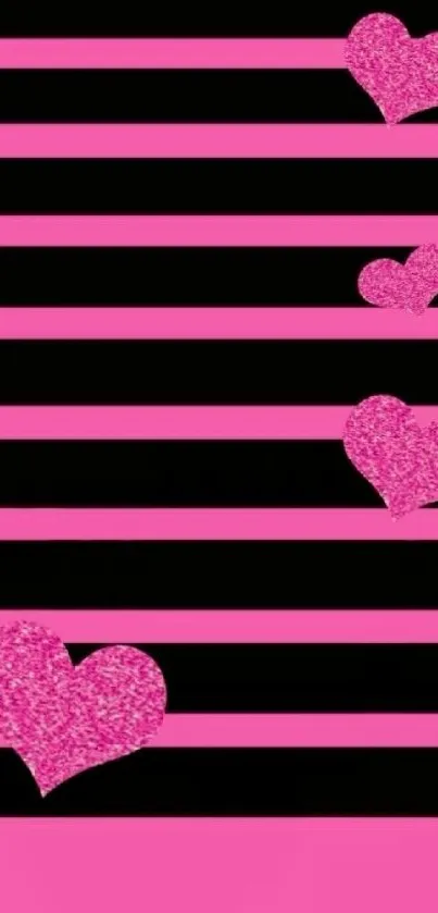 Pink and black striped wallpaper with glitter hearts.