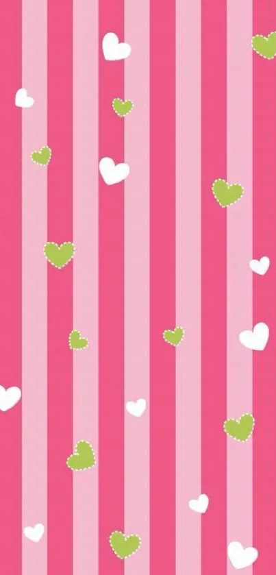 Pink striped wallpaper with green and white hearts.