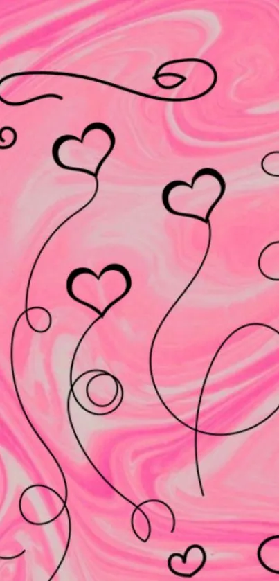 Pink swirl wallpaper with black heart outlines.