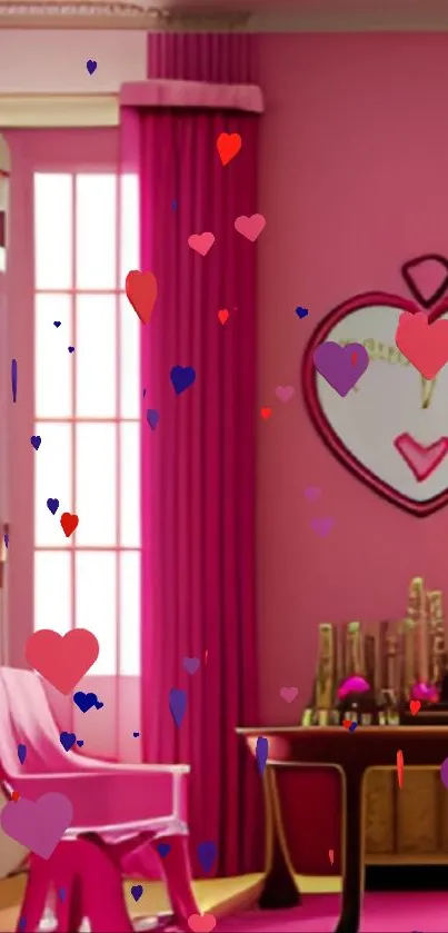 Pink heart-themed room wallpaper with vibrant decor.