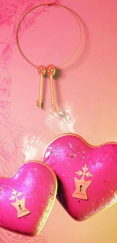 Pink heart wallpaper with keys and vibrant colors.