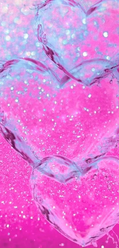 Pink hearts and water splash on vibrant background.