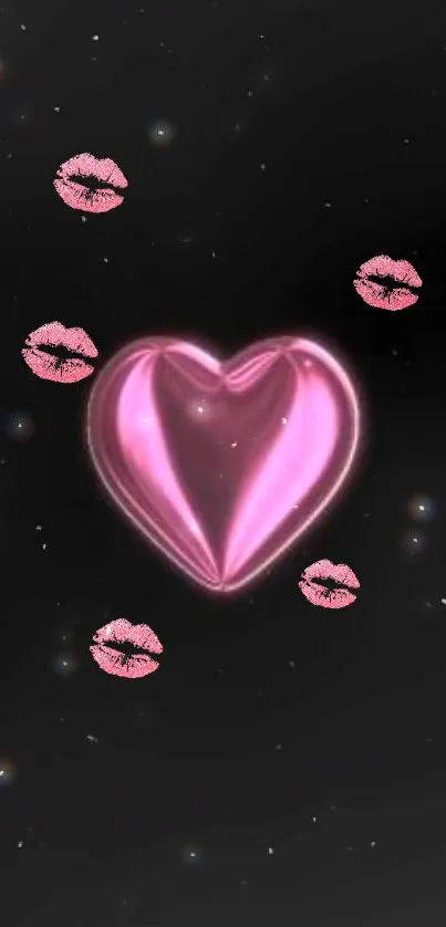 Glowing pink heart with kiss marks on a dark starry background.