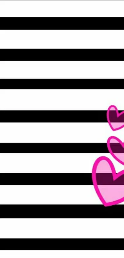 Mobile wallpaper with black stripes and pink heart illustrations.