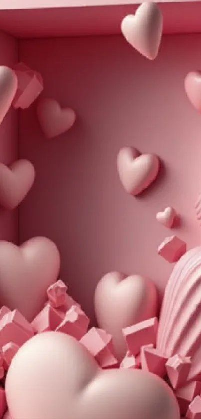 3D pink hearts mobile wallpaper with a romantic theme.