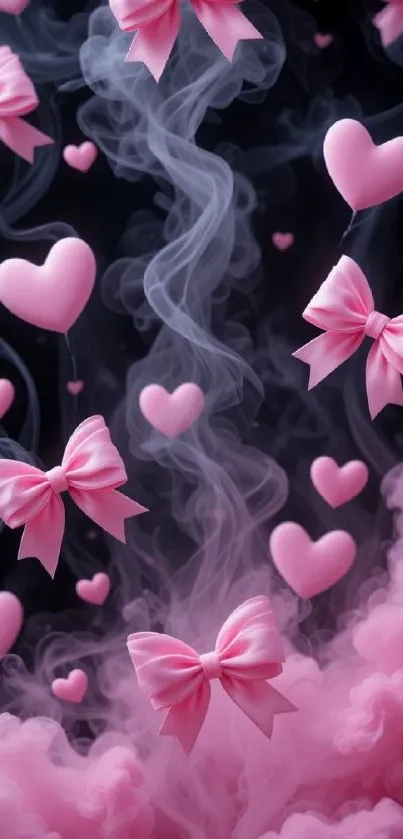 Pink hearts and bows in dreamy clouds background.