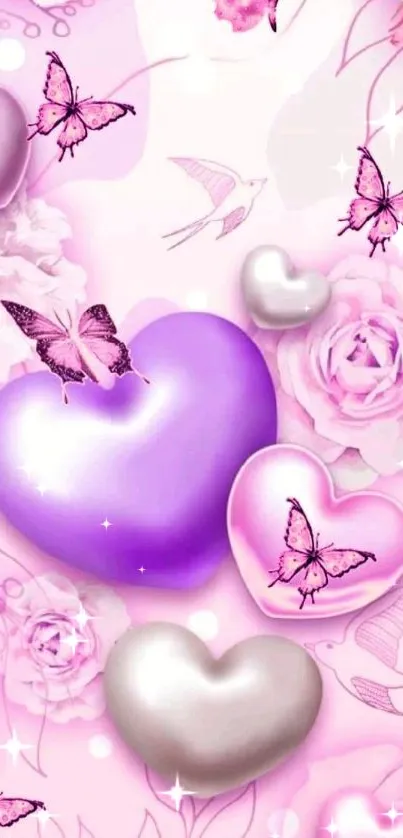 Pink hearts and butterflies wallpaper with floral background.