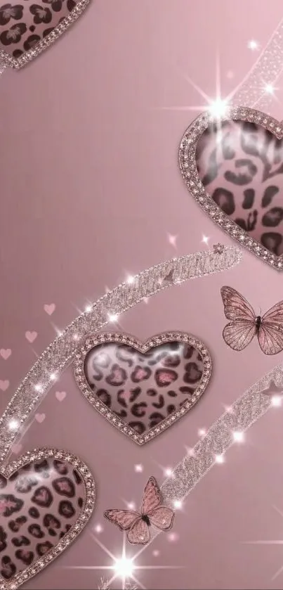 Pink leopard hearts with butterflies and sparkles.