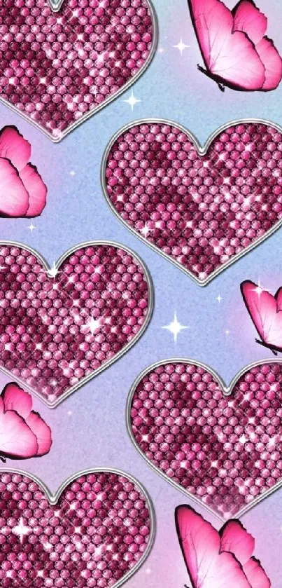 Pink jeweled hearts and butterflies on pastel background.