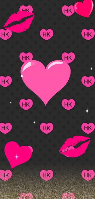 Mobile wallpaper with pink hearts and lips on a dark background.