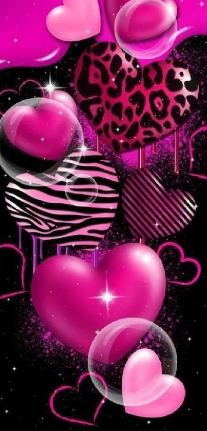 Vibrant pink hearts with patterns on a mobile wallpaper.