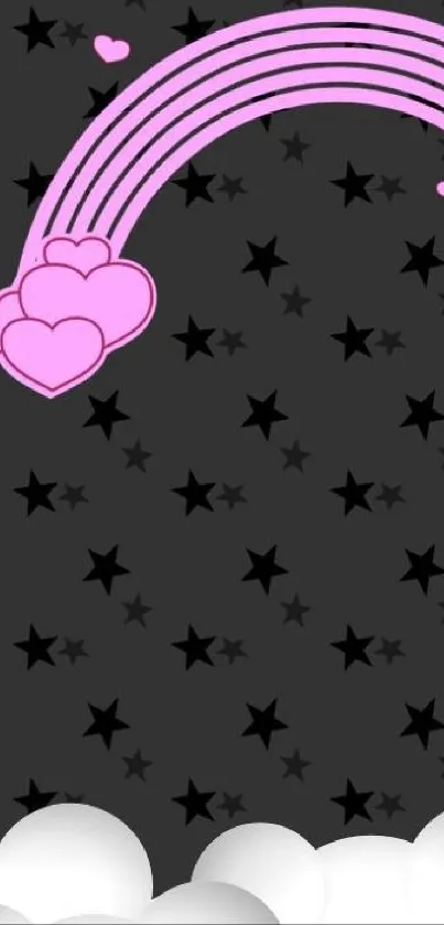 Mobile wallpaper with pink hearts, rainbow, and black stars.