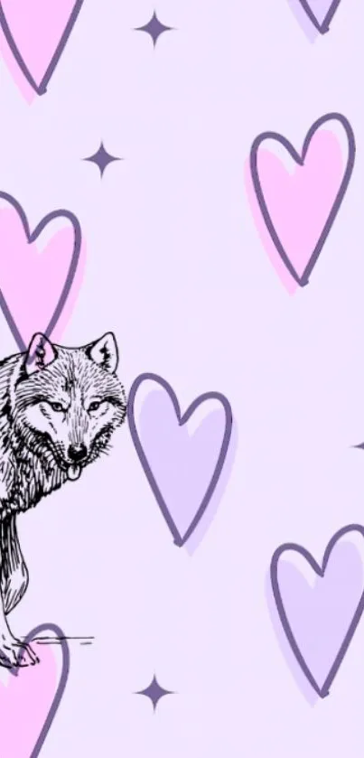 Lavender wallpaper with a wolf and pink hearts, creating a whimsical look.