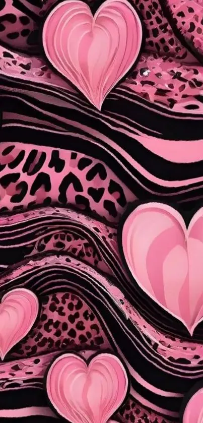 Pink hearts and animal print wallpaper.