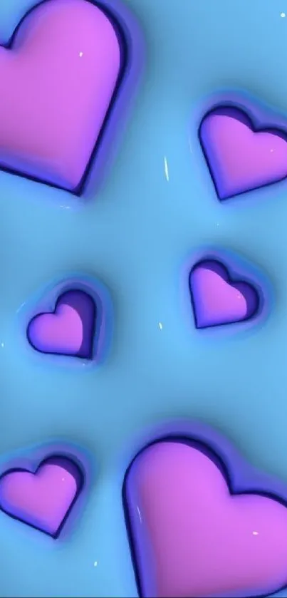 Mobile wallpaper with pink hearts on a blue background.