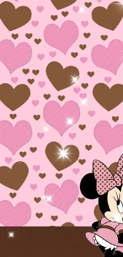 Cartoon character with pink heart pattern background.